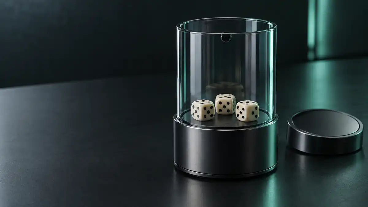 AI 設備概念圖:透明骰盅、三骰與相機,非 D-i-Shaker 實物或維修圖